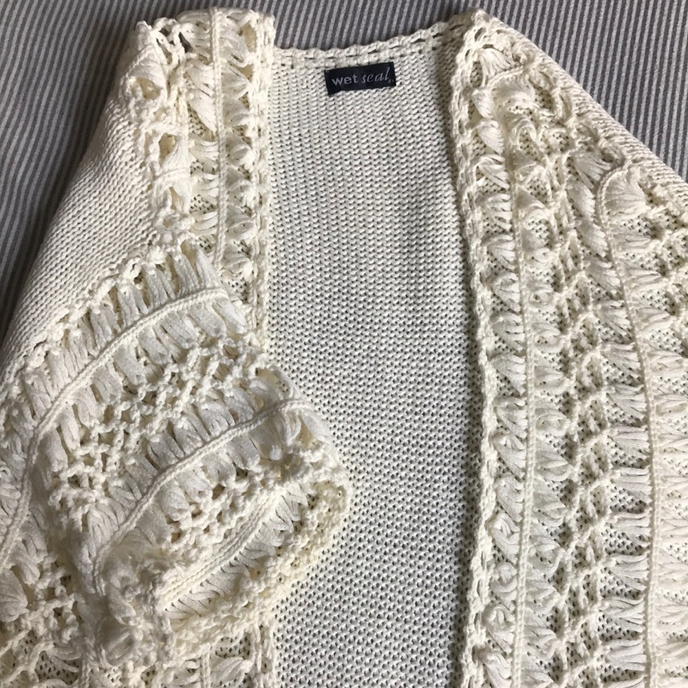 Cream colored, beachy cardigan. Bohemian